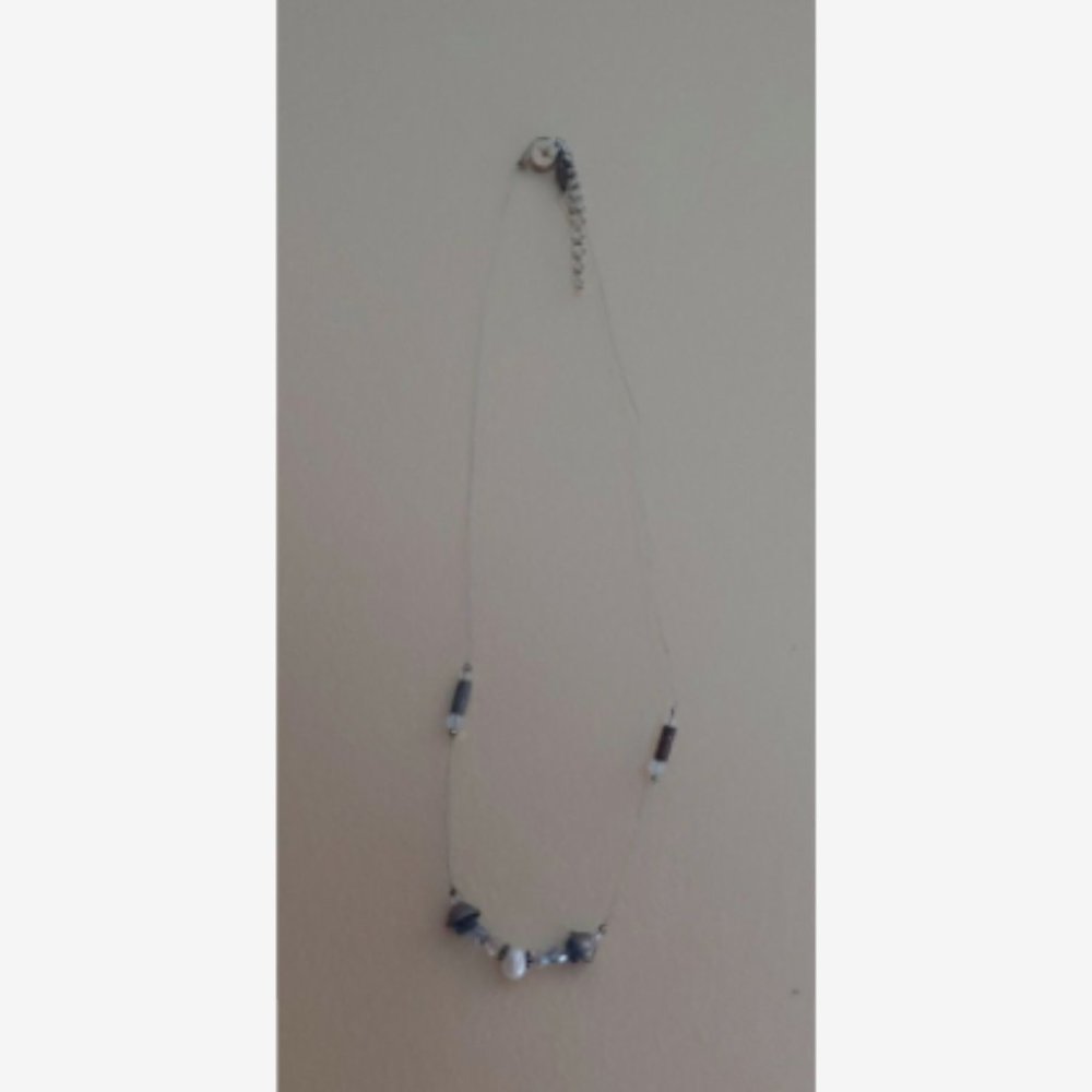 White Pearl Blue Stone, Blue, Silver tone Necklace